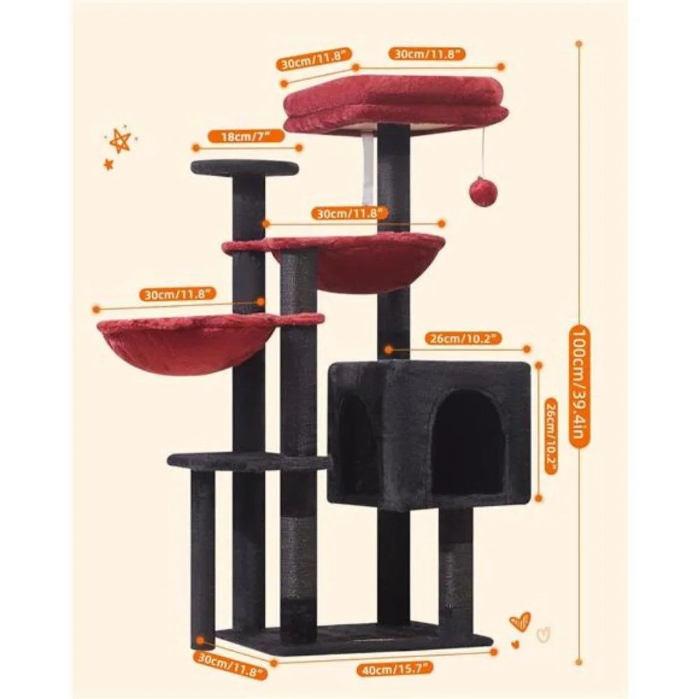 Gothic Cat Tree Tower Cat Condo with 5 Scratching Post, 39.4In